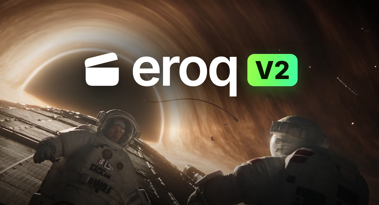 El logo de eroq V2 sobre un agujero negro, con dos astronautas a la deriva debajo: un fotograma de un clip de Seedance 2.5 hecho en eroq.