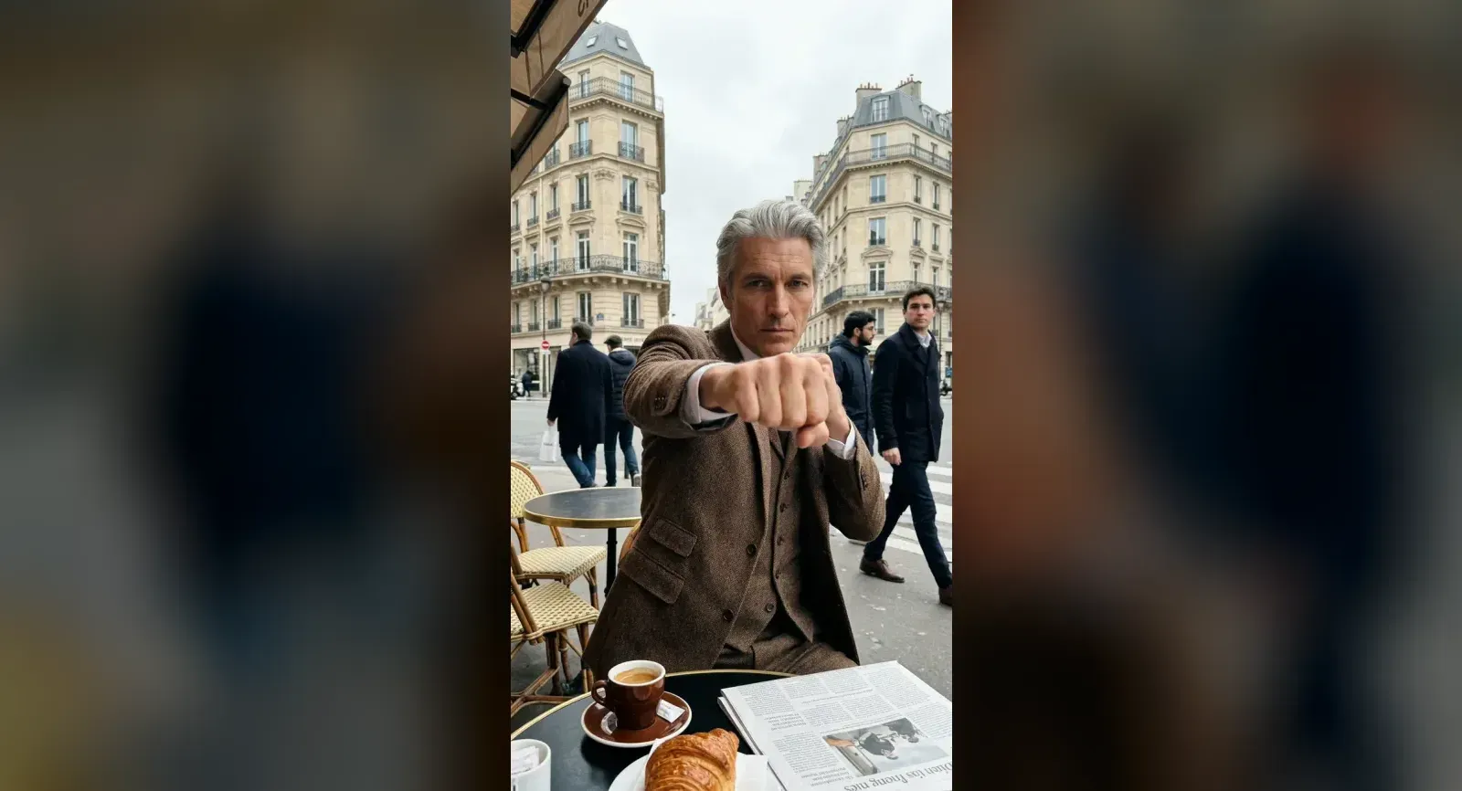 Ivo, uno de los personajes ficticios de eroq, con un traje de tres piezas de tweed marrón en la terraza de un café de París, lanzando un golpe directo a la cámara junto a un espresso y un croissant mientras los transeúntes siguen de largo.