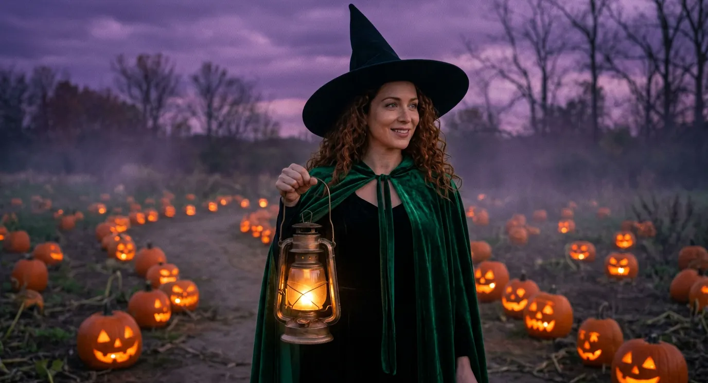 Lena, uno de los personajes ficticios de eroq, disfrazada de bruja con sombrero puntiagudo y capa esmeralda, con un farol en la mano en un campo de calabazas con niebla al atardecer.