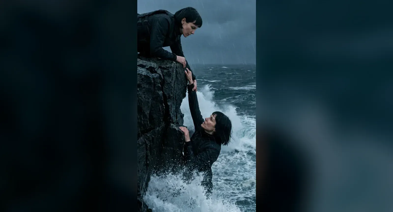 Mara, uno de los personajes ficticios de eroq, colgando de un acantilado negro azotado por la tormenta mientras otra Mara con una chaqueta negra se asoma por el borde y la agarra de la muñeca.